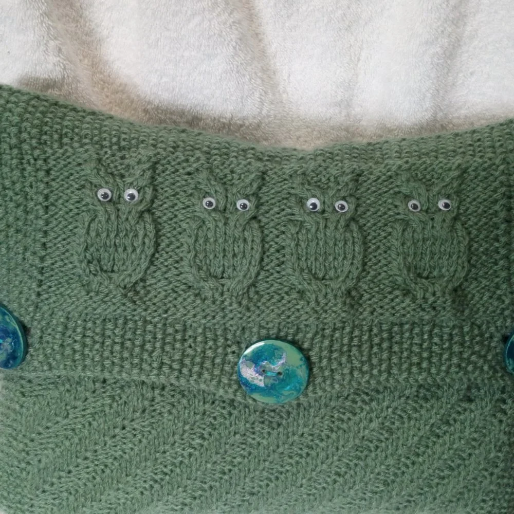 Hand Crafted Pillow Knit Sage Green Owl Googly Eye Hand Painted Button H…